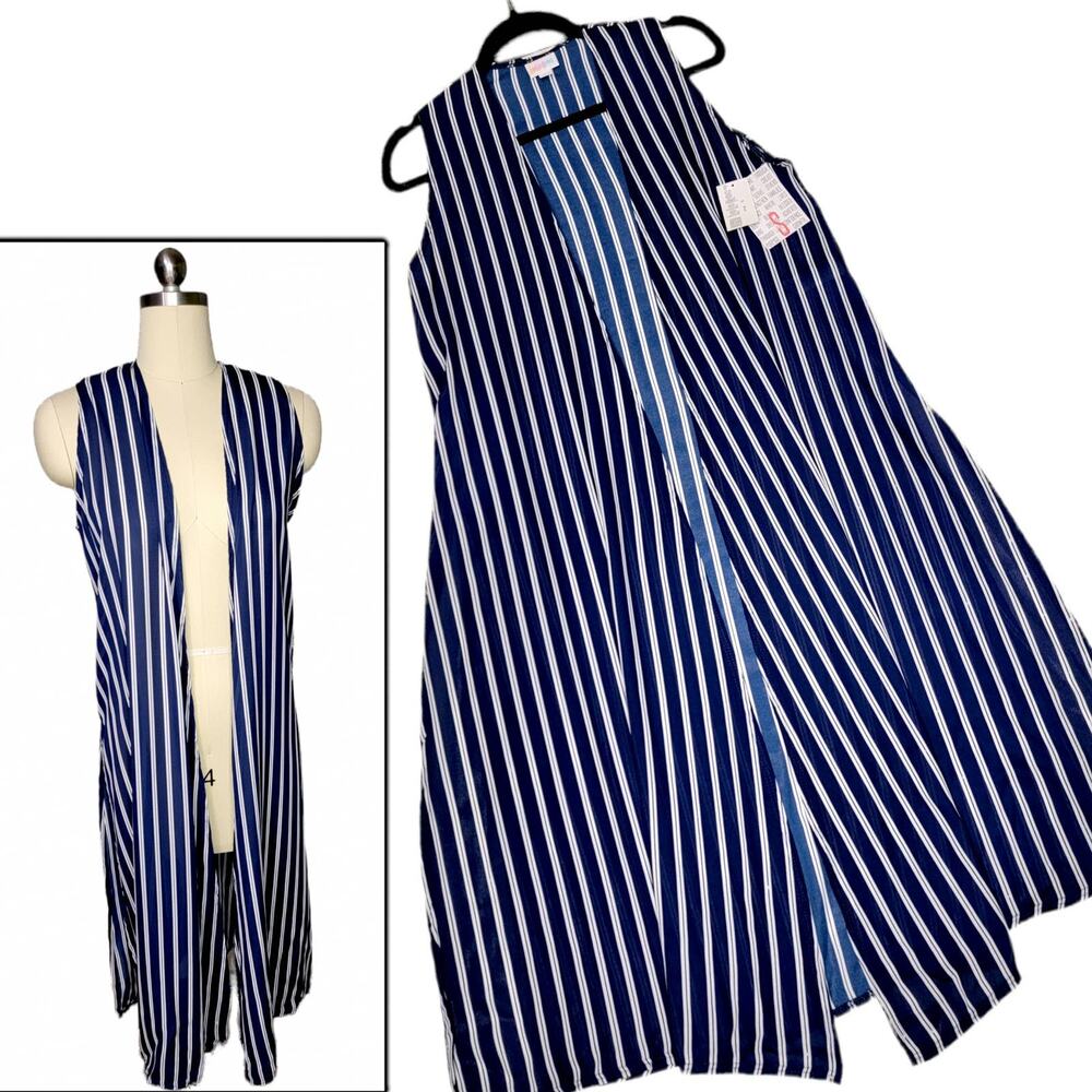 Lularoe Joy Vest SM Navy White Vertical Stripe Summer Nautical Longline Duster
